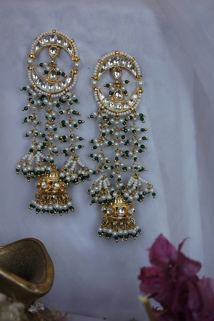 Gold Finish Kundan & Shell Pearl Dangler Earrings by Paisley Pop at Pernia's Pop Up Shop