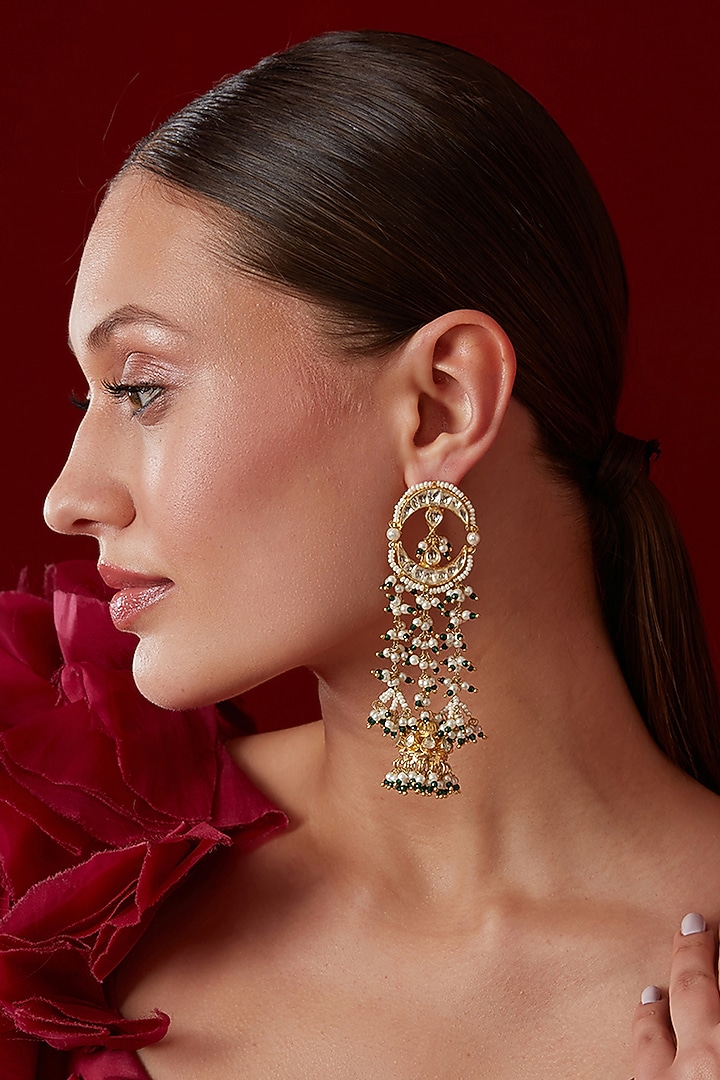 Gold Finish Kundan & Shell Pearl Dangler Earrings by Paisley Pop at Pernia's Pop Up Shop
