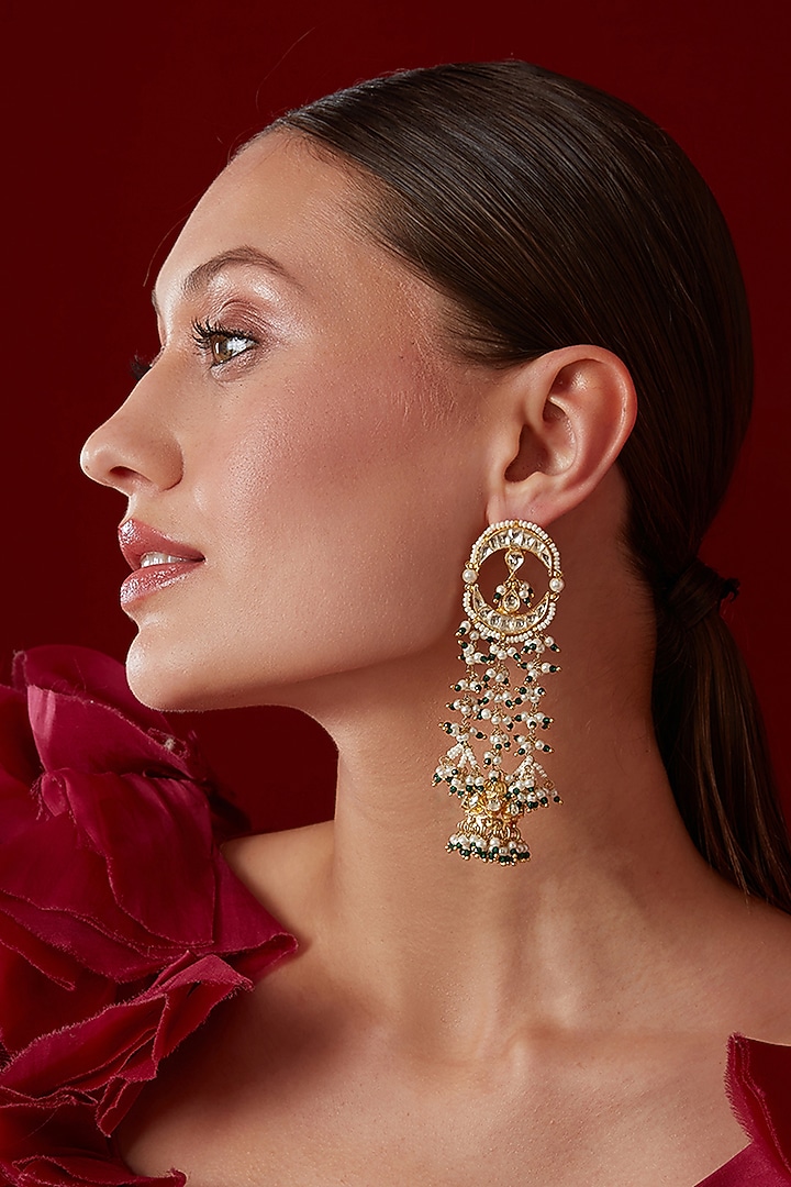 Gold Finish Kundan & Shell Pearl Dangler Earrings by Paisley Pop at Pernia's Pop Up Shop