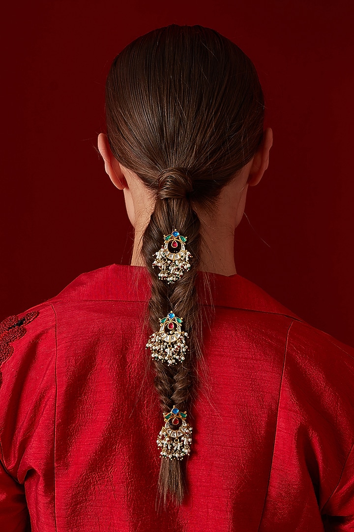 Gold Finish Kundan & Seed Pearl Braid Pins (Set Of 3) by Paisley Pop at Pernia's Pop Up Shop