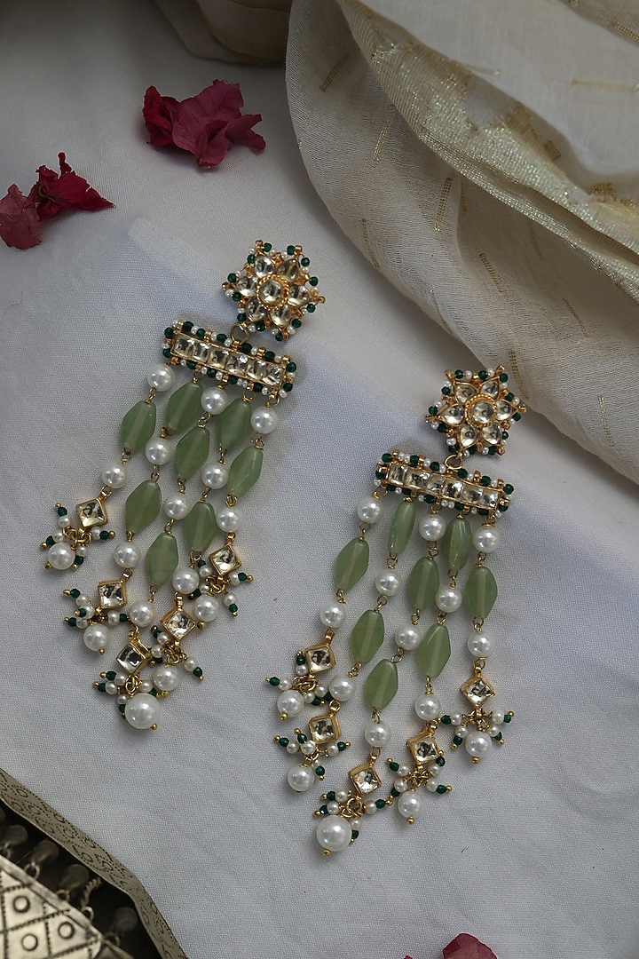 Gold Finish Kundan & Mint Agate Stone Dangler Earrings by Paisley Pop at Pernia's Pop Up Shop