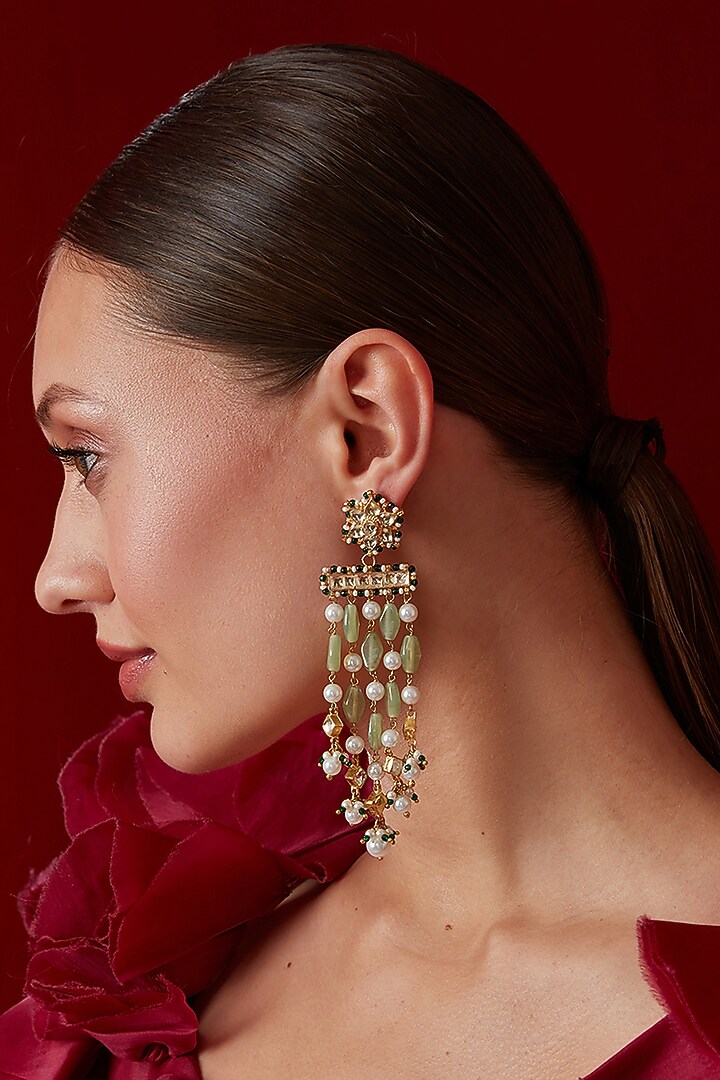 Gold Finish Kundan & Mint Agate Stone Dangler Earrings by Paisley Pop at Pernia's Pop Up Shop