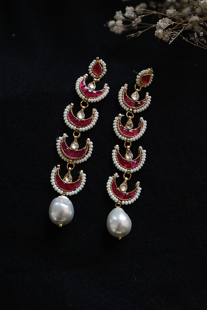 Gold Finish Kundan & Pearl Dangler Earrings by Paisley Pop at Pernia's Pop Up Shop