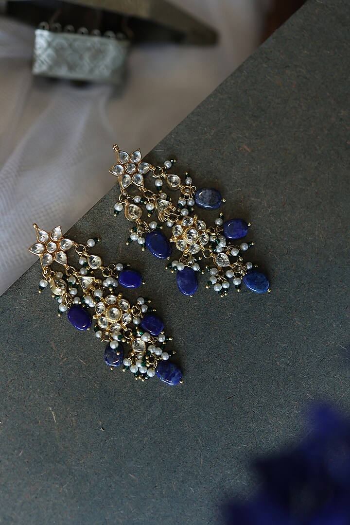 Gold Finish Blue Lapis Lazuli Stone Dangler earrings by Paisley Pop at Pernia's Pop Up Shop