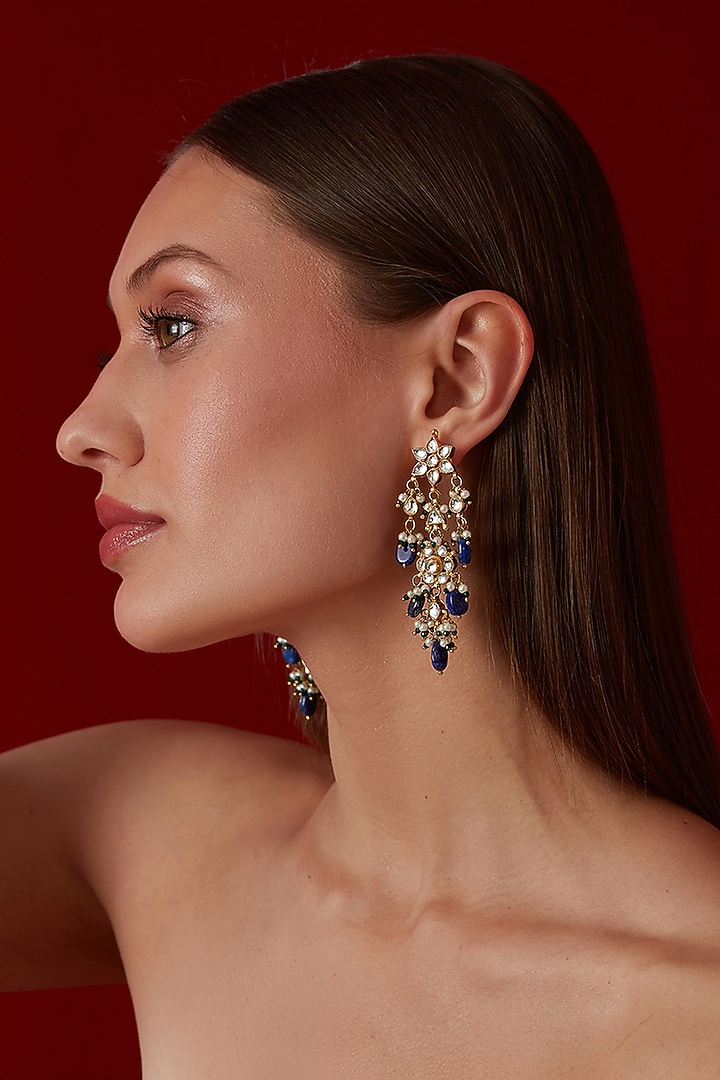 Gold Finish Blue Lapis Lazuli Stone Dangler earrings by Paisley Pop at Pernia's Pop Up Shop