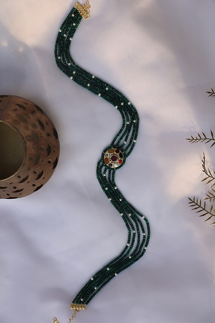 Gold Finish Kundan & Green Stone Waist Belt by Paisley Pop at Pernia's Pop Up Shop