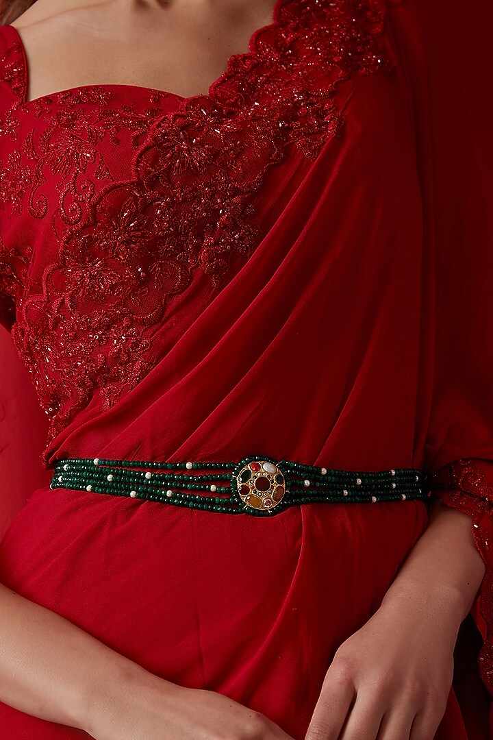 Gold Finish Kundan & Green Stone Waist Belt by Paisley Pop at Pernia's Pop Up Shop