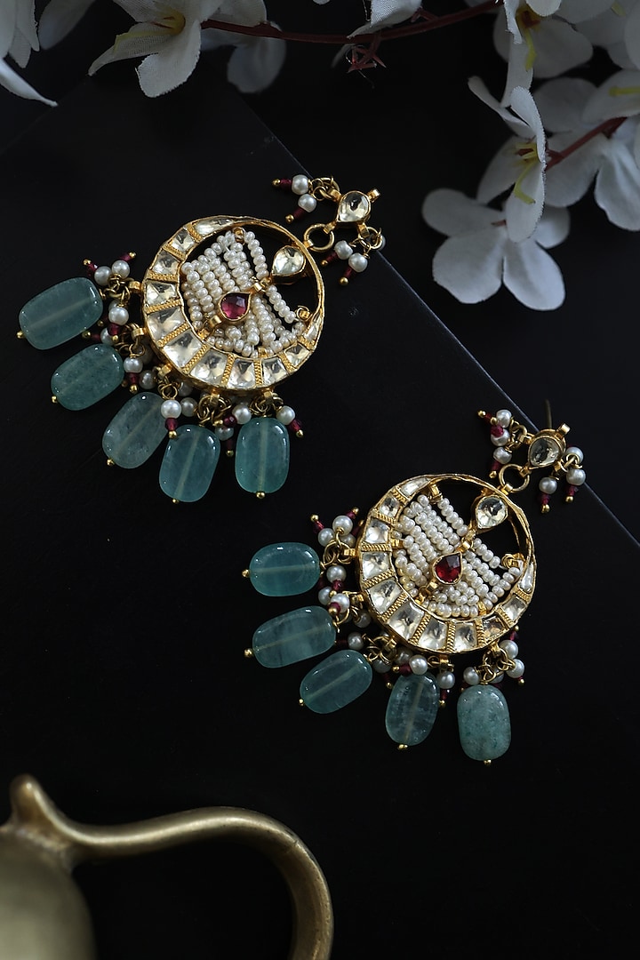 Gold Finish Kundan & Shell Pearl Dangler Earrings by Paisley Pop at Pernia's Pop Up Shop