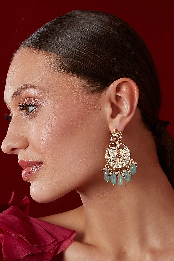 Gold Finish Kundan & Shell Pearl Dangler Earrings by Paisley Pop at Pernia's Pop Up Shop