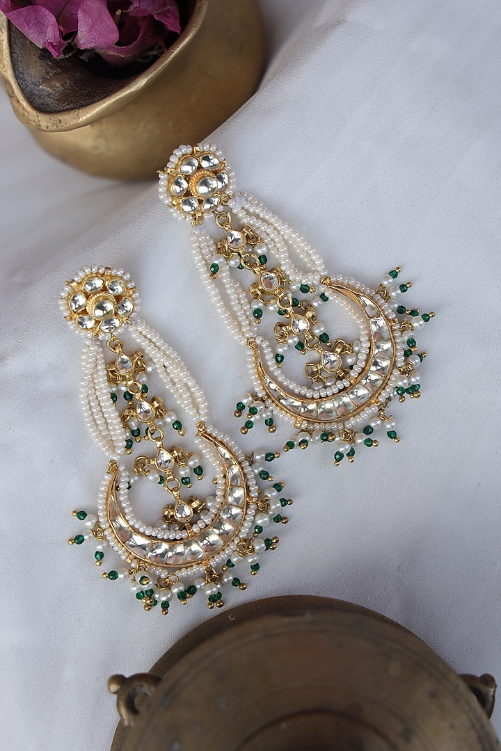 Gold Finish Kundan & Shell Pearl Chandbali Earrings by Paisley Pop at Pernia's Pop Up Shop
