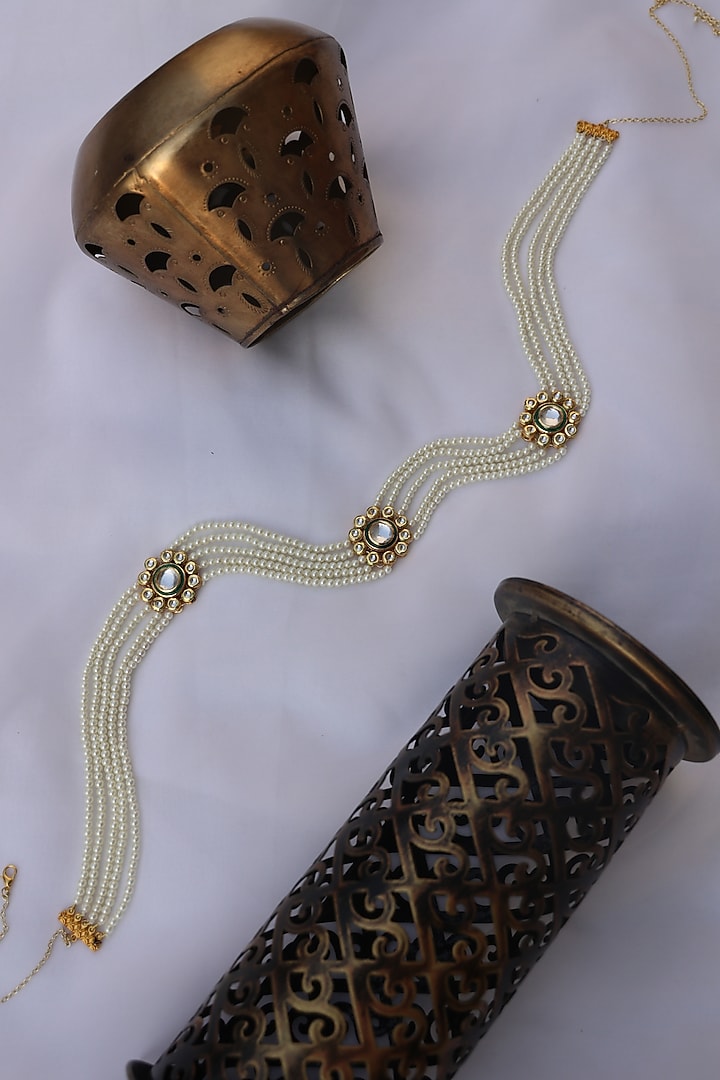 Gold Finish Kundan & Pearl Waist Belt by Paisley Pop at Pernia's Pop Up Shop