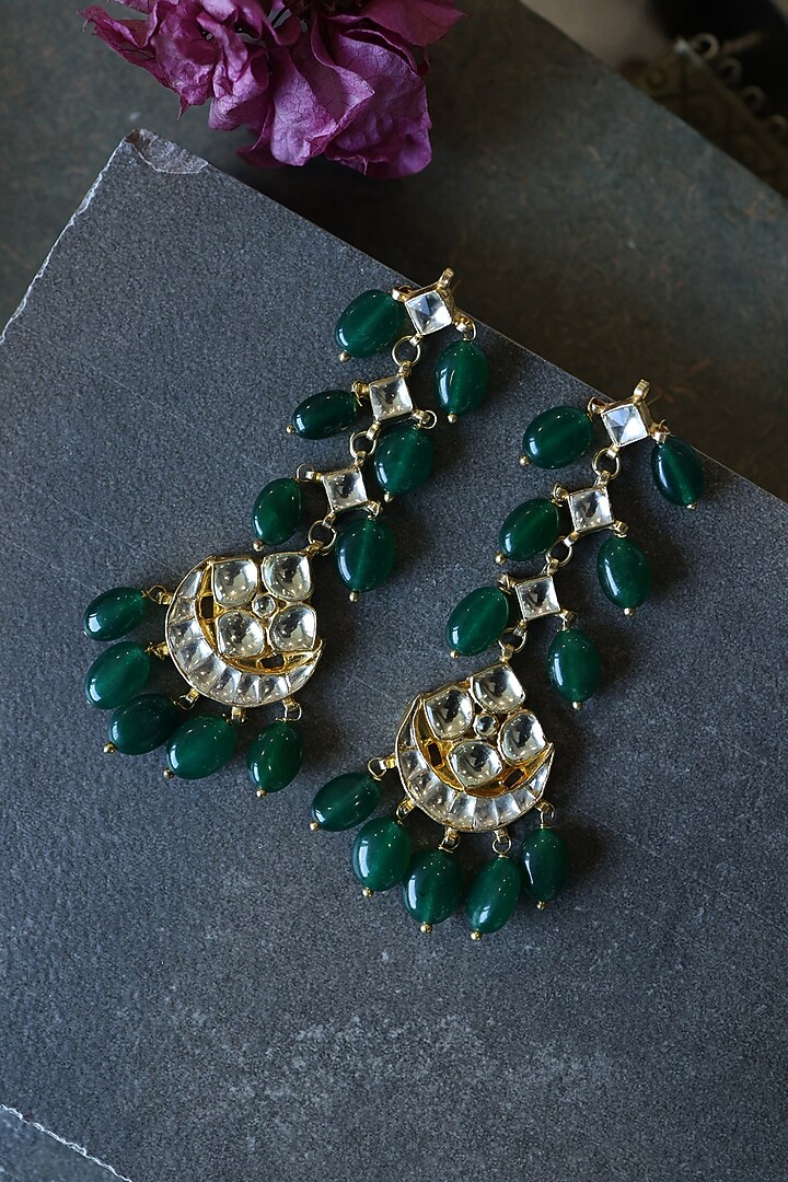Gold Finish Kundan & Green Natural Stone Dangler Earrings by Paisley Pop at Pernia's Pop Up Shop