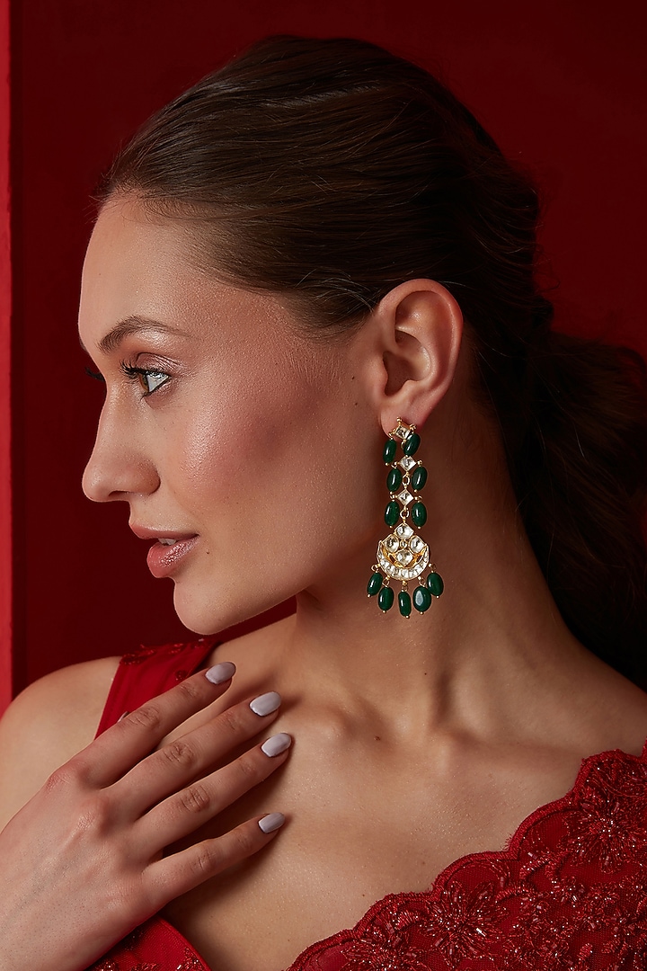 Gold Finish Kundan & Green Natural Stone Dangler Earrings by Paisley Pop at Pernia's Pop Up Shop