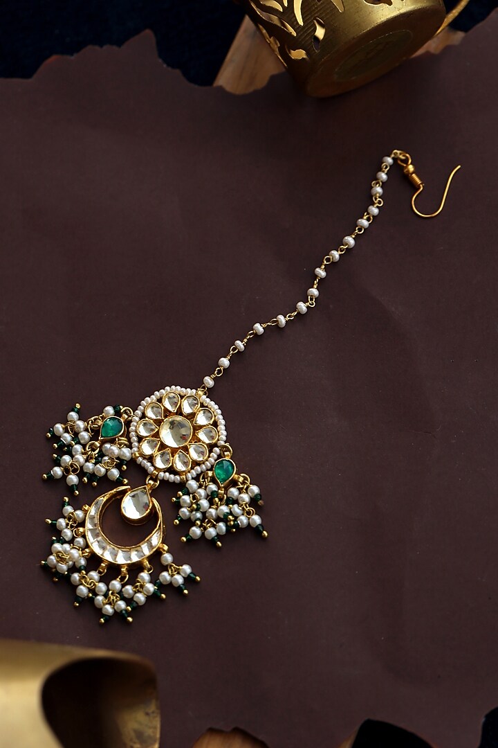 Gold Finish Kundan & Shell Pearl Maangtikka by Paisley Pop at Pernia's Pop Up Shop