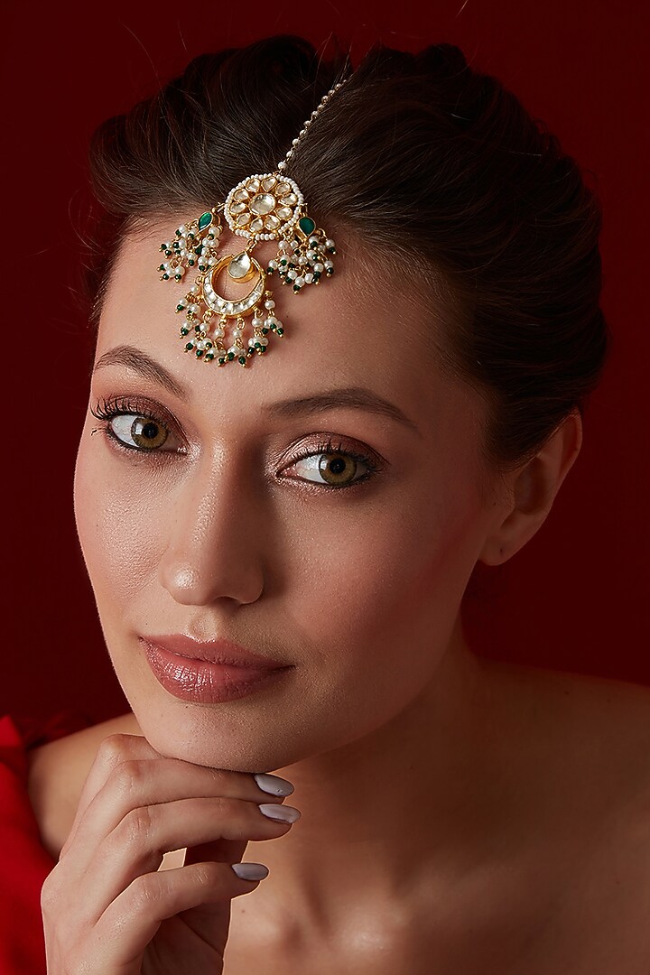 Gold Finish Kundan & Shell Pearl Maangtikka by Paisley Pop at Pernia's Pop Up Shop