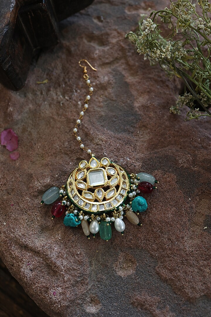 Gold Finish Kundan & Multi-Colored Stone Maangtikka by Paisley Pop at Pernia's Pop Up Shop