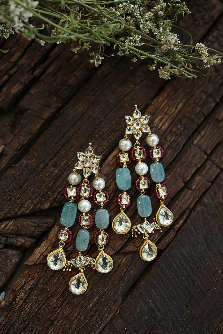 Gold Finish Kundan & Green Stone Dangler Earrings by Paisley Pop at Pernia's Pop Up Shop