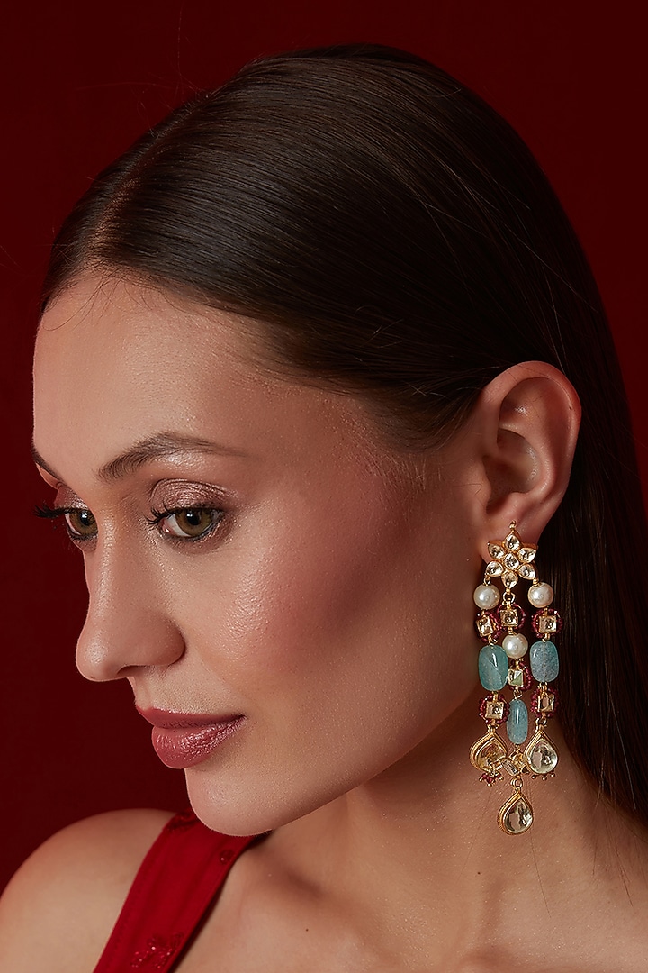 Gold Finish Kundan & Green Stone Dangler Earrings by Paisley Pop at Pernia's Pop Up Shop