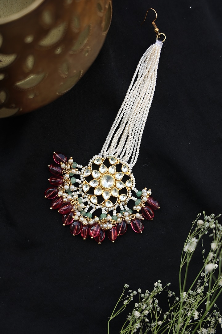 Gold Finish Kundan & Natural Stone Maangtikka by Paisley Pop at Pernia's Pop Up Shop