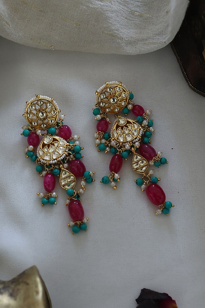 Gold Finish Kundan & Pearl Dangler Earrings by Paisley Pop at Pernia's Pop Up Shop