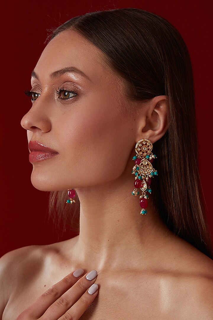 Gold Finish Kundan & Pearl Dangler Earrings by Paisley Pop at Pernia's Pop Up Shop