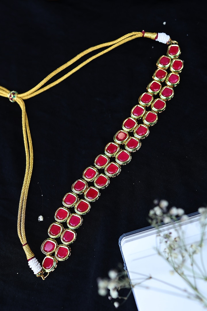 Gold Finish Red Kundan Necklace by Paisley Pop at Pernia's Pop Up Shop