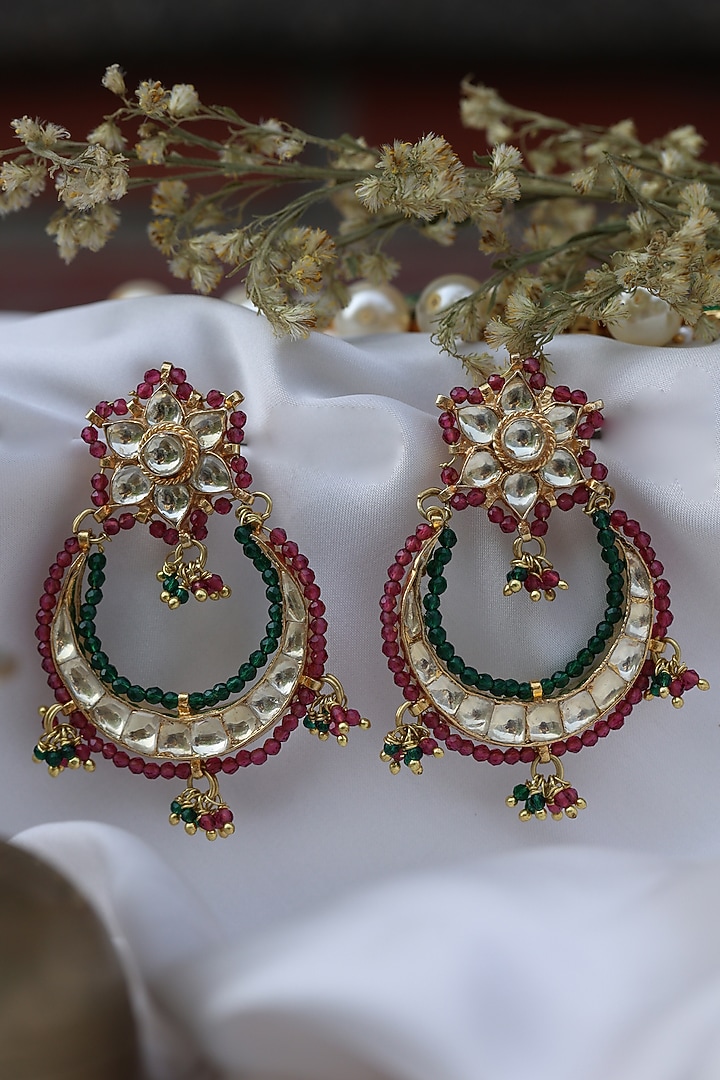 Gold Finish Kundan Dangler Earrings by Paisley Pop at Pernia's Pop Up Shop