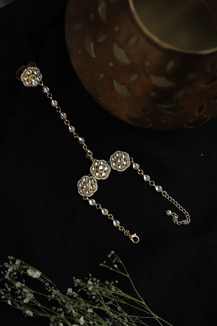 Gold Finish Kundan & Shell Pearl Hathphool by Paisley Pop at Pernia's Pop Up Shop