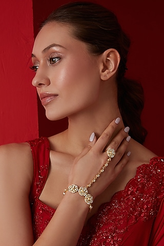 Gold Finish Kundan & Shell Pearl Hathphool by Paisley Pop