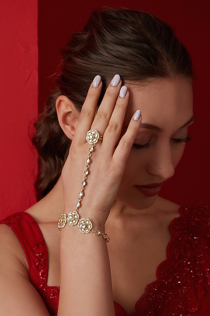 Gold Finish Kundan & Shell Pearl Hathphool by Paisley Pop at Pernia's Pop Up Shop