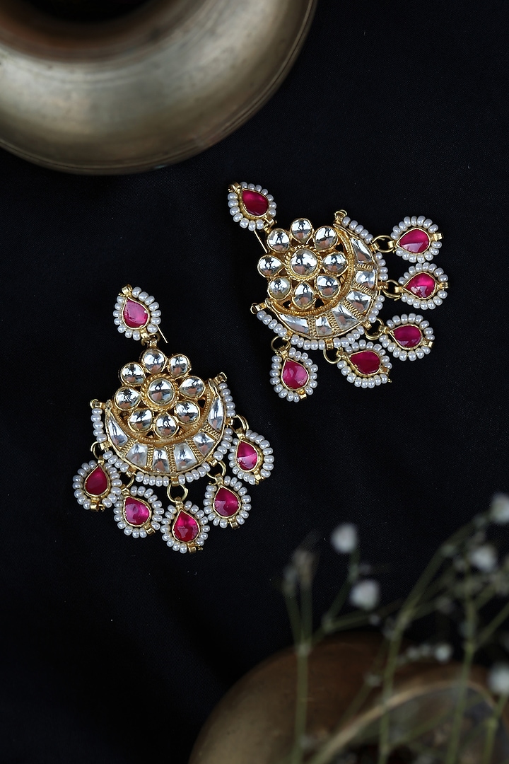 Gold Finish Kundan & Shell Pearl Dangler Earrings by Paisley Pop at Pernia's Pop Up Shop