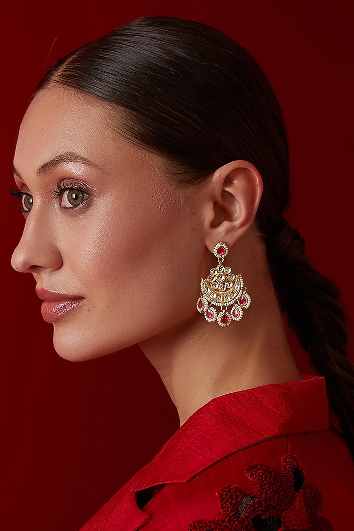 Gold Finish Kundan & Shell Pearl Dangler Earrings by Paisley Pop at Pernia's Pop Up Shop