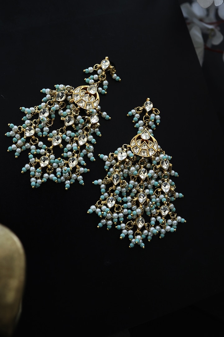Gold Finish Kundan & Turquoise Bead Dangler Earrings by Paisley Pop at Pernia's Pop Up Shop