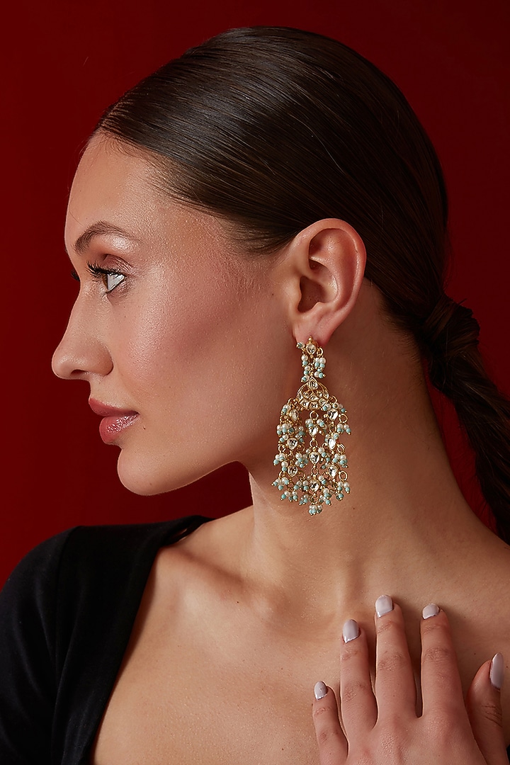 Gold Finish Kundan & Turquoise Bead Dangler Earrings by Paisley Pop at Pernia's Pop Up Shop