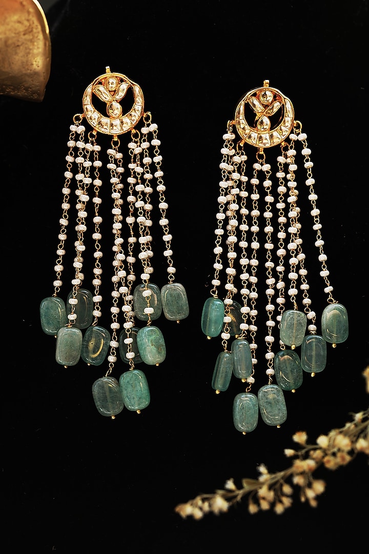 Gold Finish Kundan & Mint Natural Stone Dangler Earrings by Paisley Pop at Pernia's Pop Up Shop