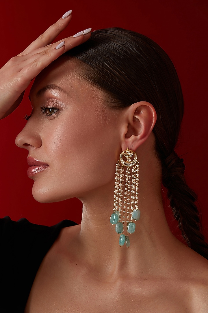 Gold Finish Kundan & Mint Natural Stone Dangler Earrings by Paisley Pop at Pernia's Pop Up Shop