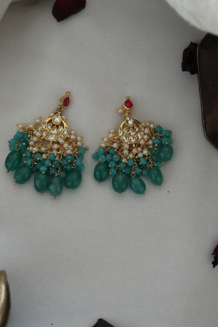 Gold Finish Kundan & Green Natural Stone Dangler Earrings by Paisley Pop at Pernia's Pop Up Shop