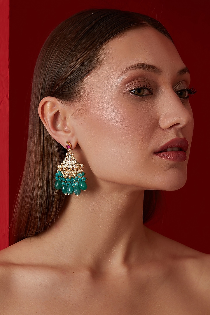 Gold Finish Kundan & Green Natural Stone Dangler Earrings by Paisley Pop at Pernia's Pop Up Shop