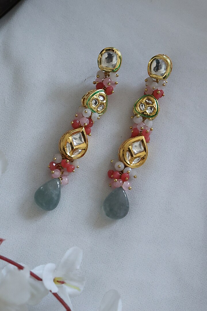 Gold Finish Kundan & Natural Stone Dangler Earrings by Paisley Pop at Pernia's Pop Up Shop