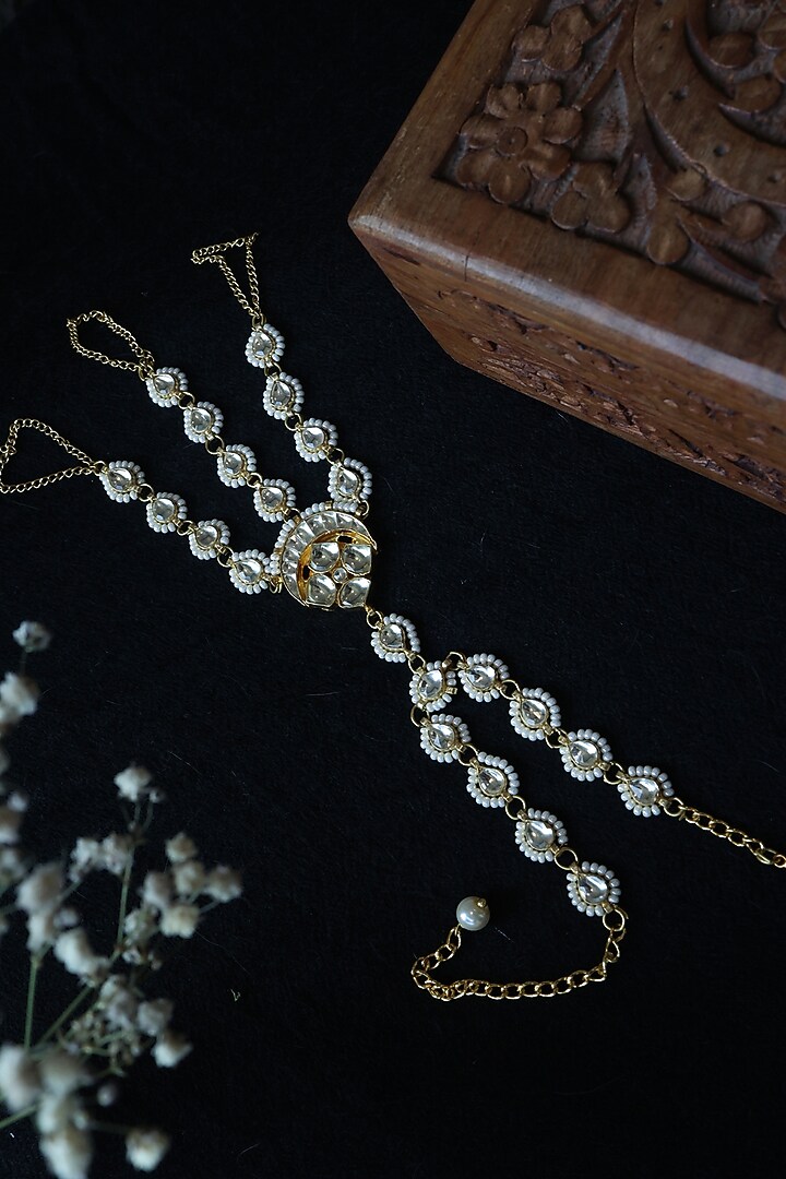Gold Finish Kundan & Shell Pearl Hathphool by Paisley Pop at Pernia's Pop Up Shop