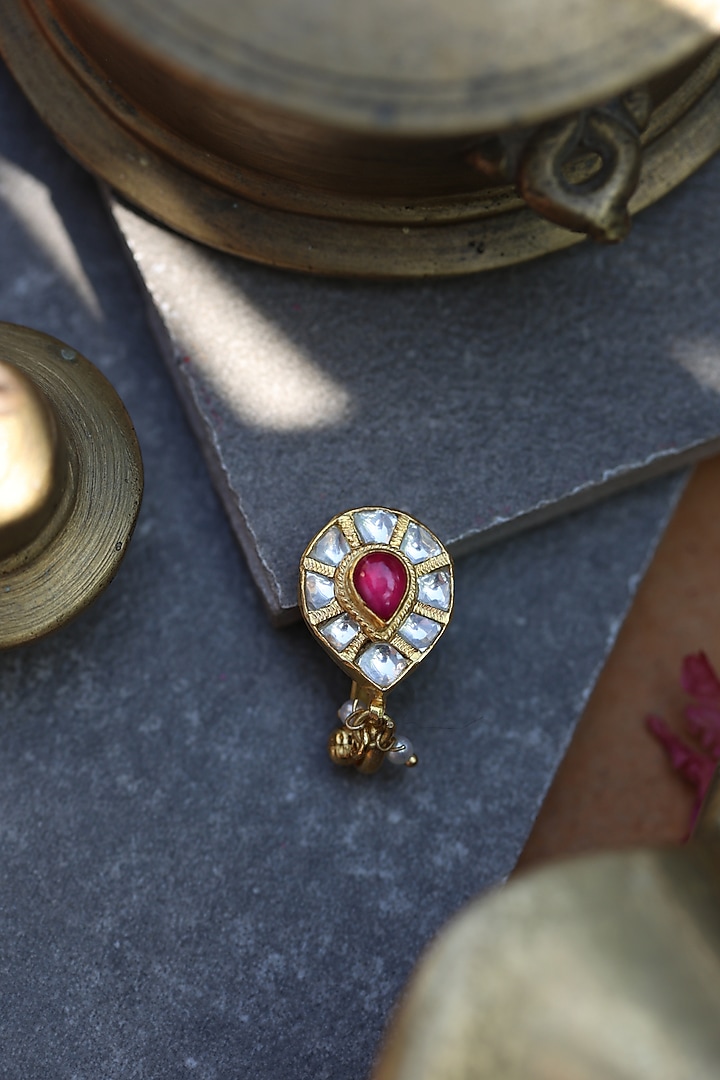 Gold Finish Kundan & Shell Pearl Nosepin by Paisley Pop at Pernia's Pop Up Shop