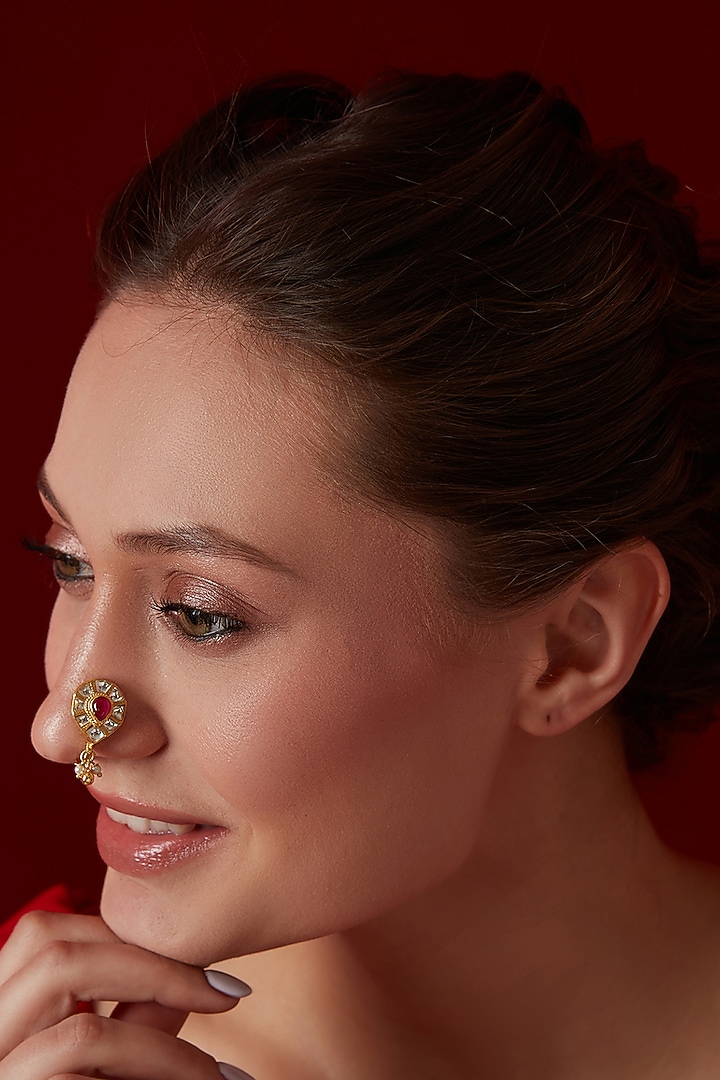Gold Finish Kundan & Shell Pearl Nosepin by Paisley Pop at Pernia's Pop Up Shop