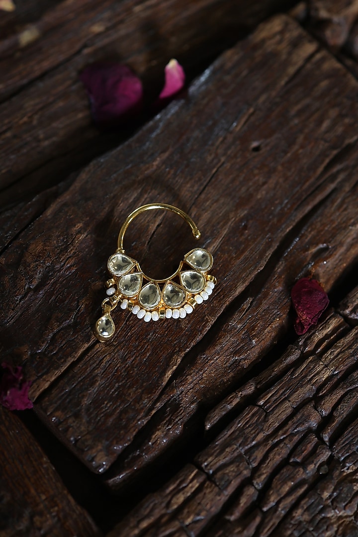 Gold Finish Kundan & Shell Pearl Nosepin by Paisley Pop at Pernia's Pop Up Shop