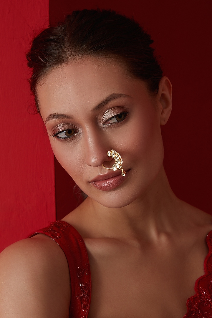 Gold Finish Kundan & Shell Pearl Nosepin by Paisley Pop at Pernia's Pop Up Shop