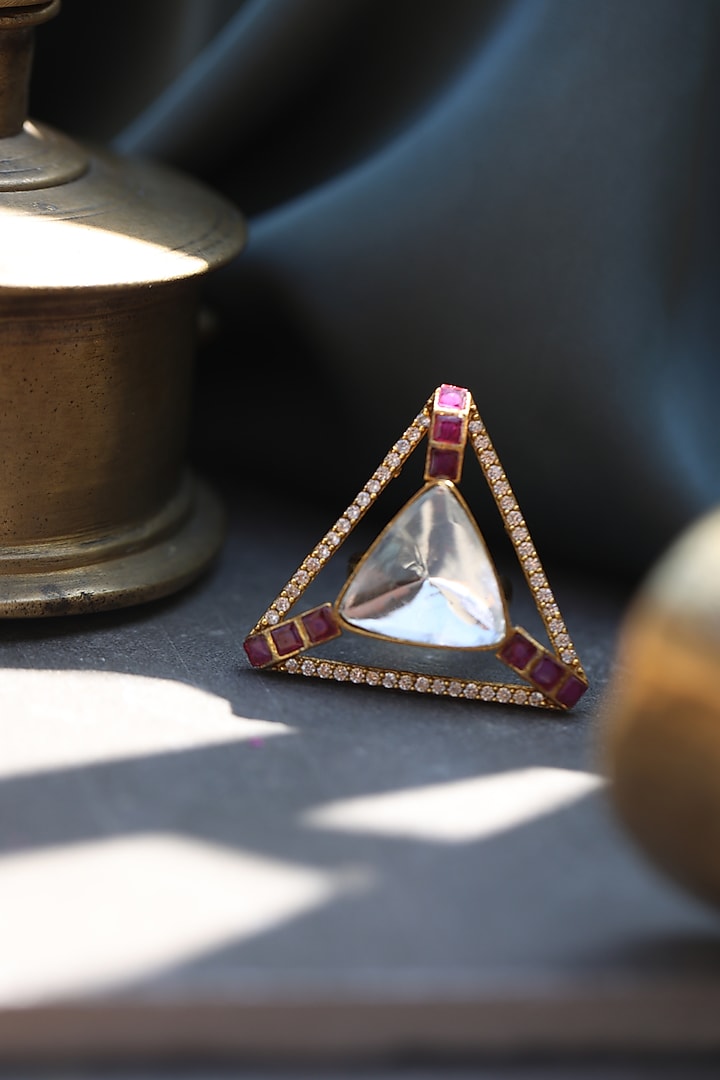 Gold Finish Polki & Zirconia Ring by Paisley Pop at Pernia's Pop Up Shop