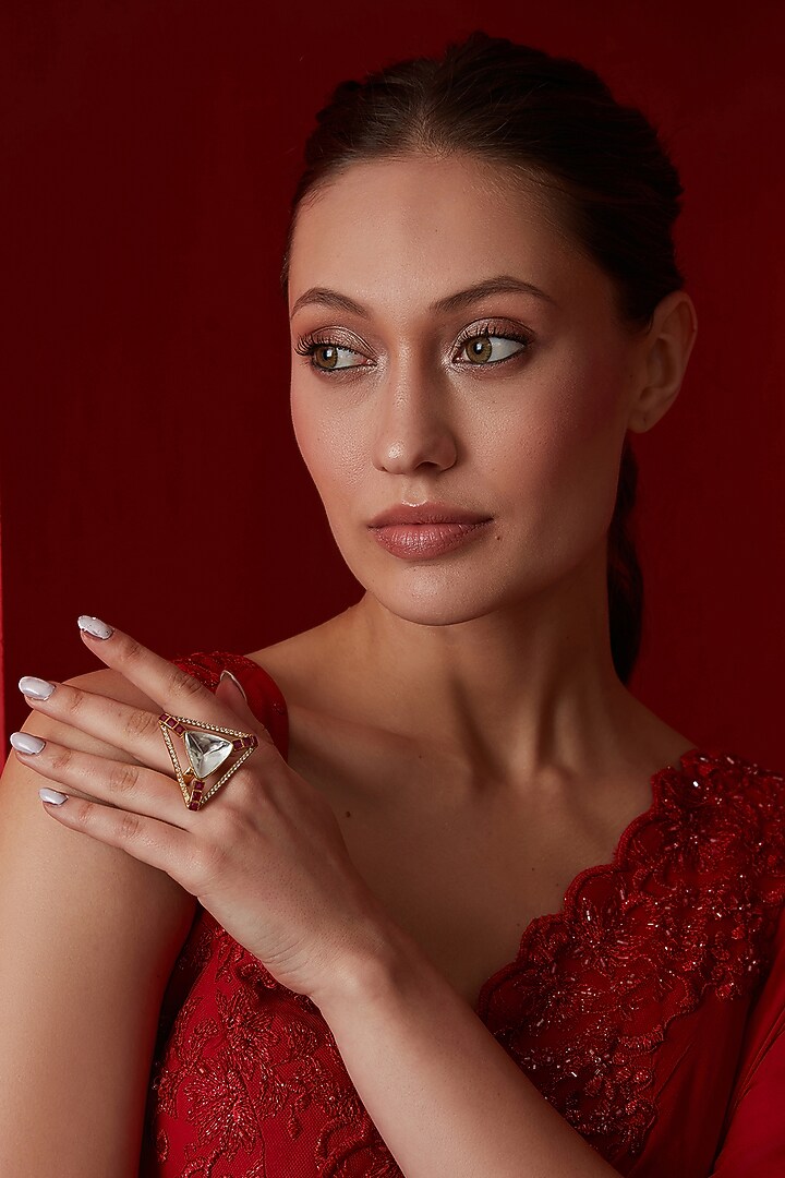 Gold Finish Polki & Zirconia Ring by Paisley Pop at Pernia's Pop Up Shop