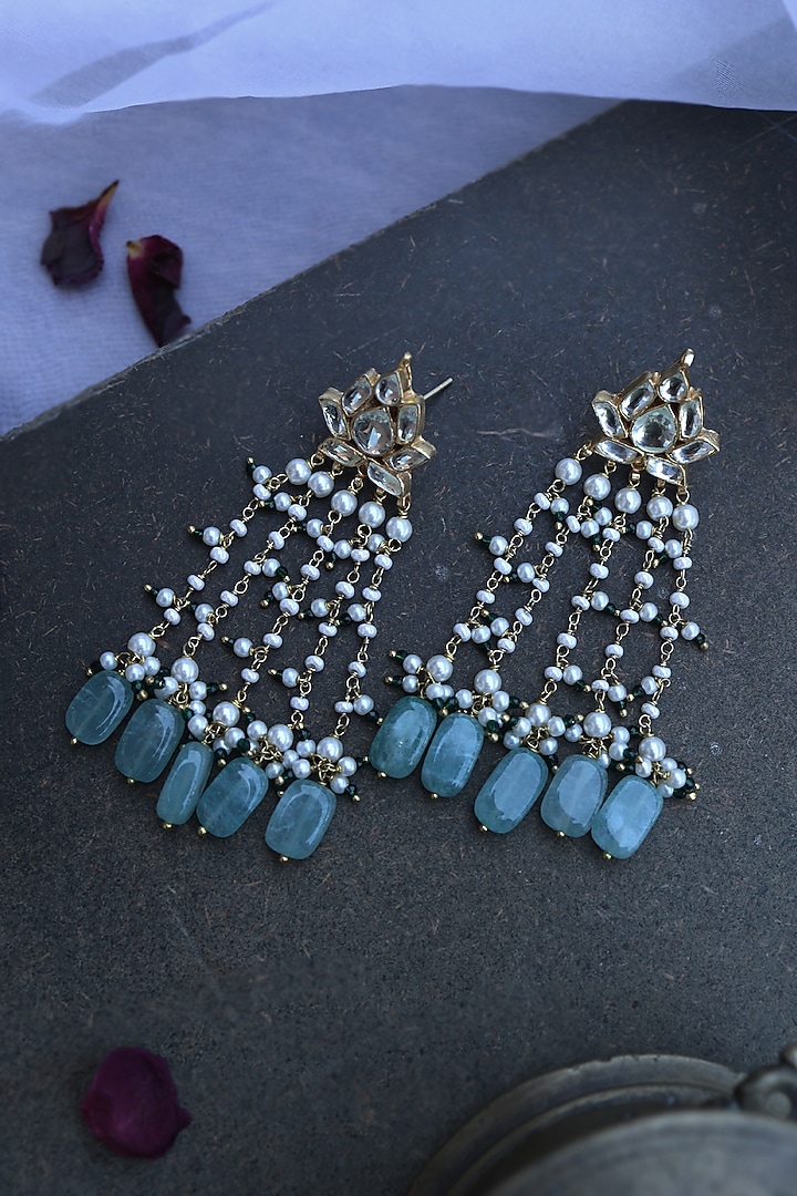 Gold Finish Kundan & Green Bead Dangler Earrings by Paisley Pop at Pernia's Pop Up Shop