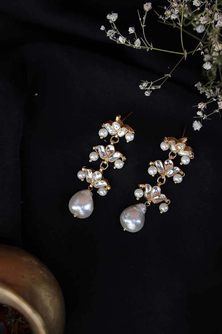 Gold Finish Kundan & Baroque Pearl Dangler Earrings by Paisley Pop at Pernia's Pop Up Shop