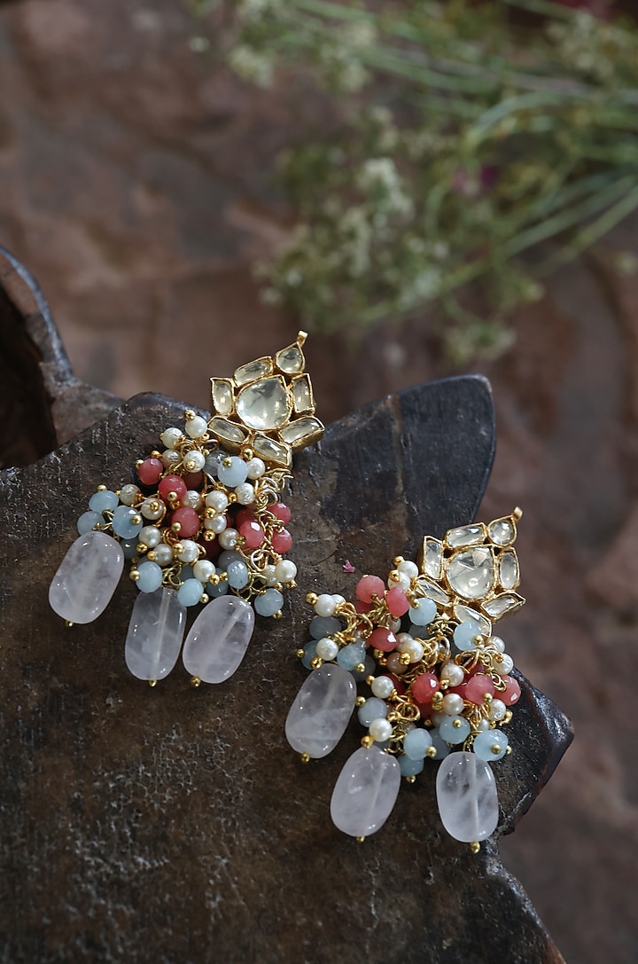 Gold Finish Kundan & Shell Pearl Dangler Earrings by Paisley Pop at Pernia's Pop Up Shop