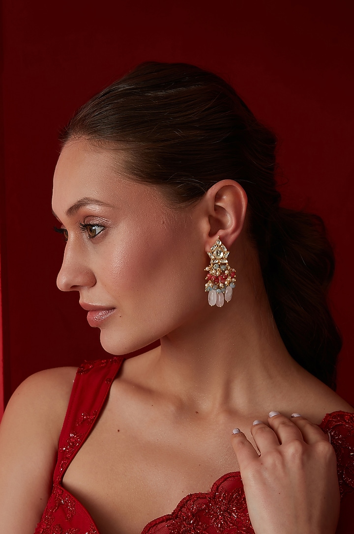Gold Finish Kundan & Shell Pearl Dangler Earrings by Paisley Pop at Pernia's Pop Up Shop